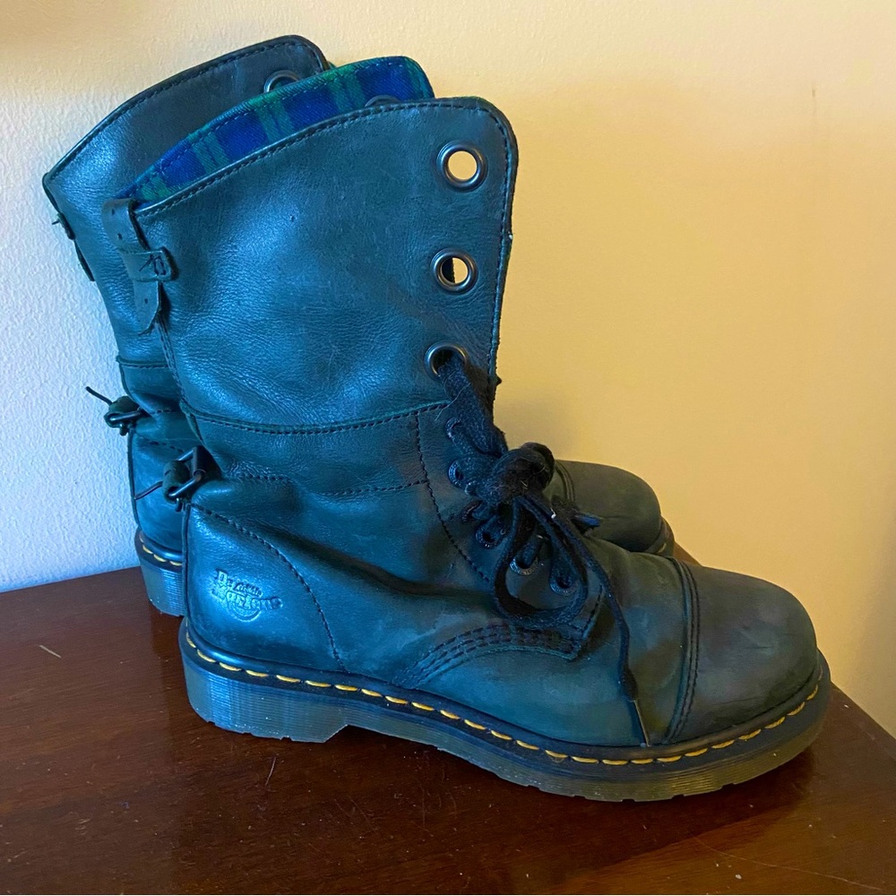 Blue and green plaid Doc Martens